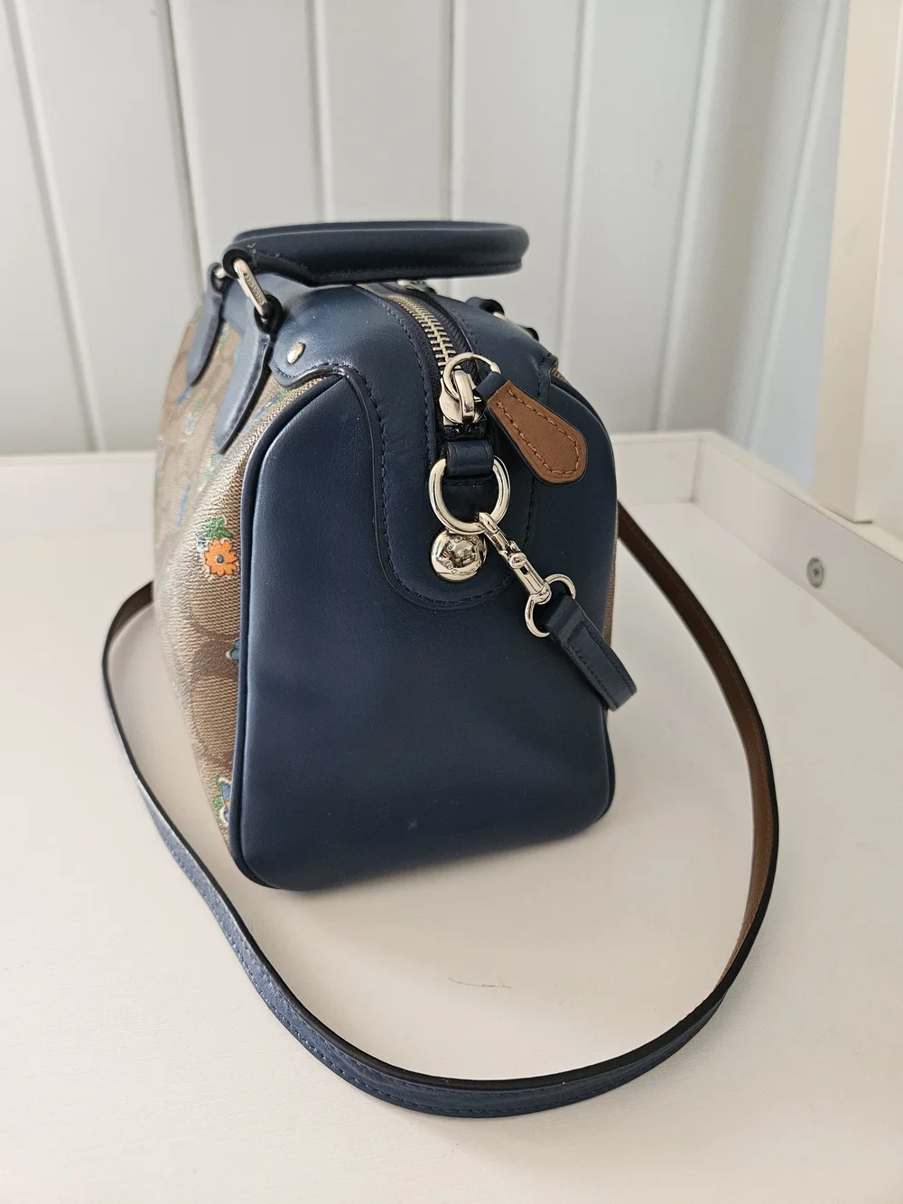 Coach Tan Signature Floral Satchel with Blue Trim and Matching Wallet